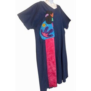 Vtg Alfredo's Wife Women's Art Beads Maxi Denim Dress Pullover Short Slv 1X USA